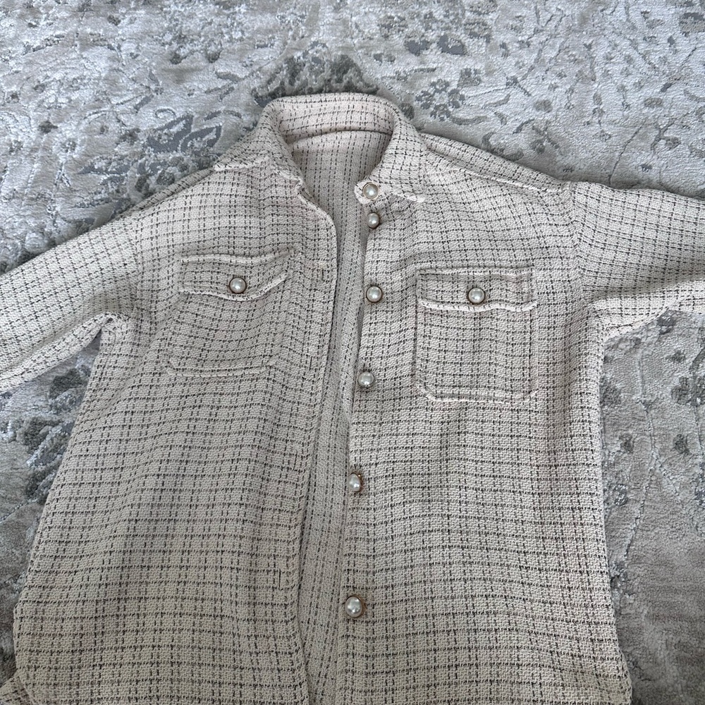 Cream and Black Checkered Button-Up Jacket